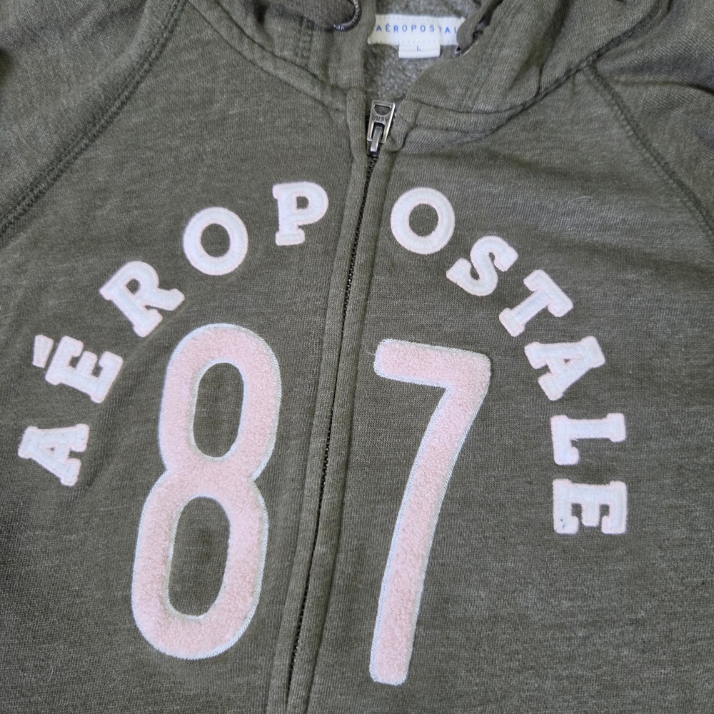 Aeropostale Womens Olive Green 87 Logo Full Zip Hoodie Sweatshirt Size Large